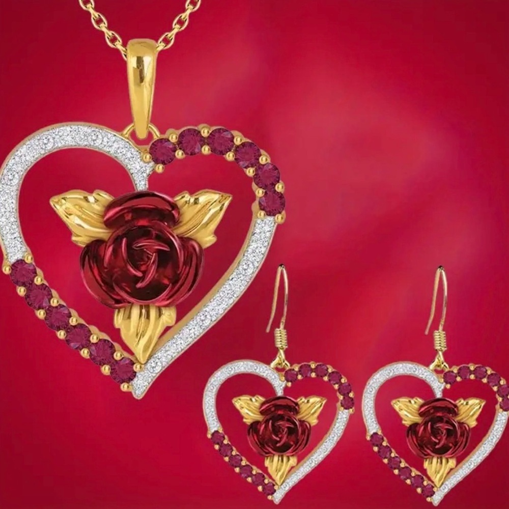 Gold and Red Heart Pendant and Earrings Set. - Picture 5 of 6